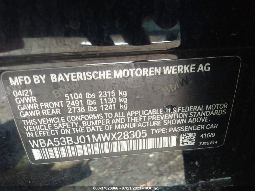 2021 BMW 5 SERIES 540I - WBA53BJ01MWX28305