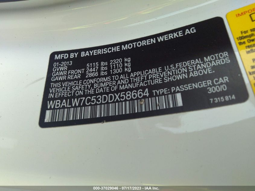 2013 BMW 6 SERIES 640I - WBALW7C53DDX58664