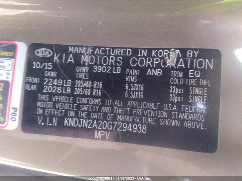 2016 KIA SOUL BASE - KNDJN2A20G7294938