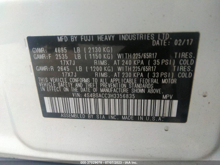 2017 SUBARU OUTBACK PREMIUM - 4S4BSACC3H3356835