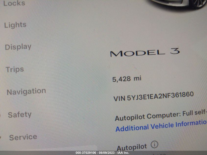 2022 TESLA MODEL 3 - 5YJ3E1EA2NF361860