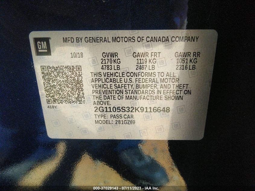 2019 CHEVROLET IMPALA PREMIER - 2G1105S32K9116648