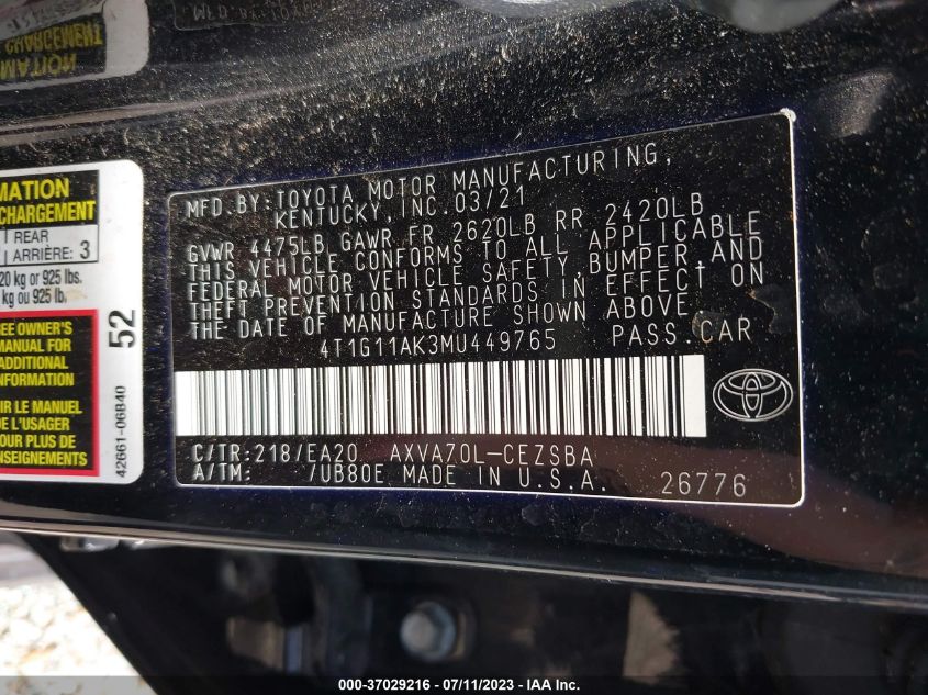 2021 TOYOTA CAMRY SE - 4T1G11AK3MU449765