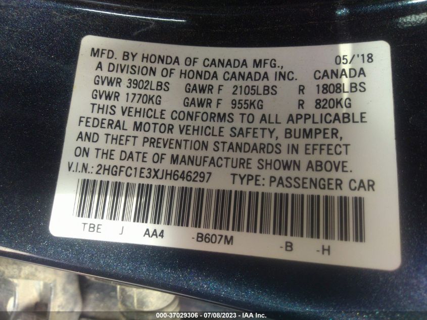 2018 HONDA CIVIC SEDAN EX-T - 2HGFC1E3XJH646297