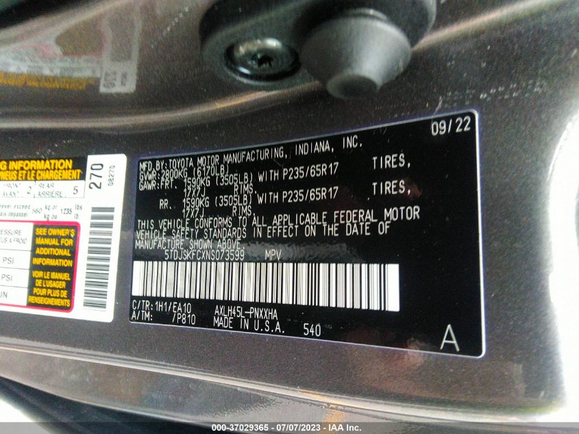 2022 TOYOTA SIENNA XLE - 5TDJSKFCXNS073599