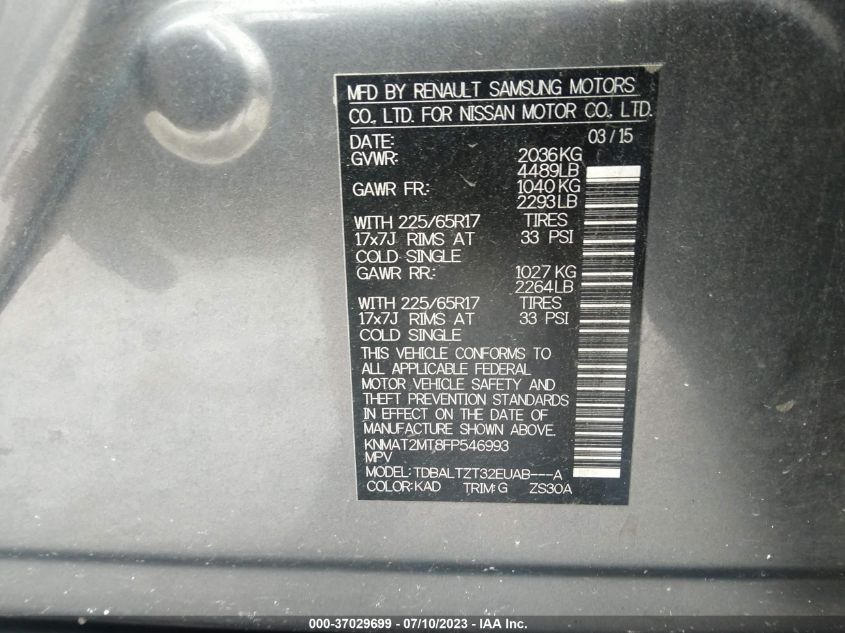 2015 NISSAN ROGUE SV - KNMAT2MT8FP546993