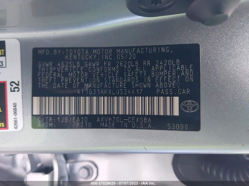 2020 TOYOTA CAMRY SE - 4T1G31AKXLU534417