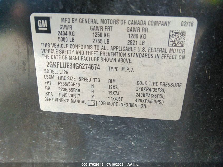 2016 GMC TERRAIN SLT - 2GKFLUE34G6274674