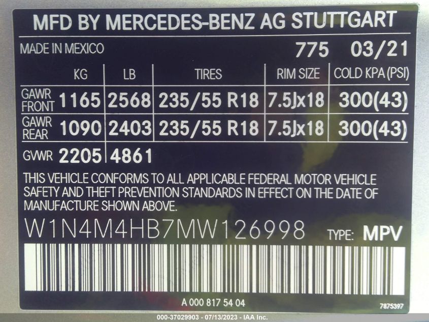 2021 MERCEDES-BENZ GLB GLB 250 - W1N4M4HB7MW126998