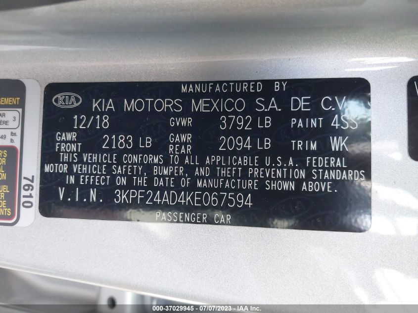 2019 KIA FORTE LXS - 3KPF24AD4KE067594