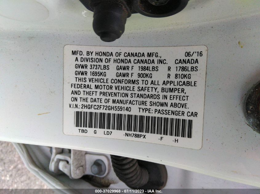 2016 HONDA CIVIC SEDAN EX - 2HGFC2F72GH559140
