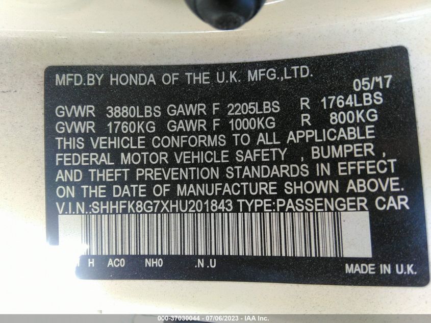 2017 HONDA CIVIC TOURING - SHHFK8G7XHU201843