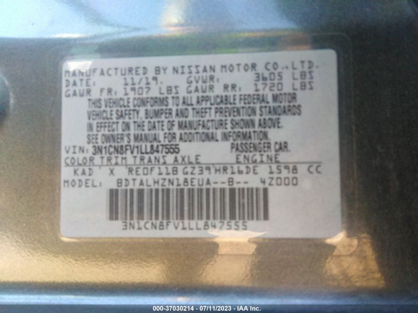 2020 NISSAN VERSA SR - 3N1CN8FV1LL847555
