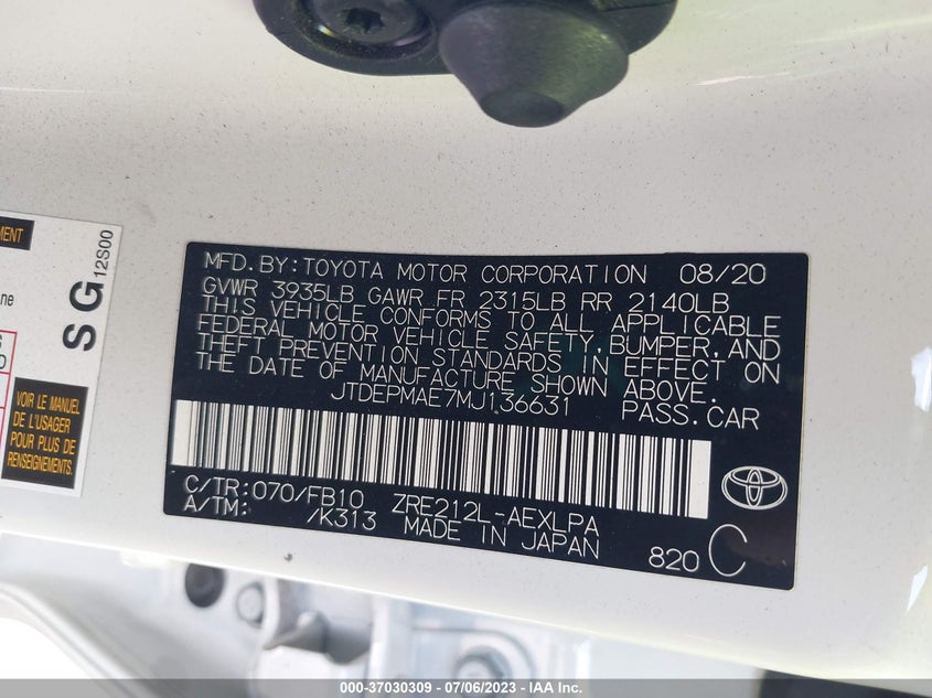 VIN JTDEPMAE7MJ136631 2021 TOYOTA COROLLA LE