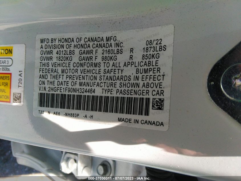 2022 HONDA CIVIC SEDAN TOURING - 2HGFE1F90NH324464