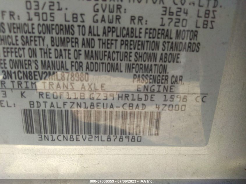 2021 NISSAN VERSA SV - 3N1CN8EV2ML878980