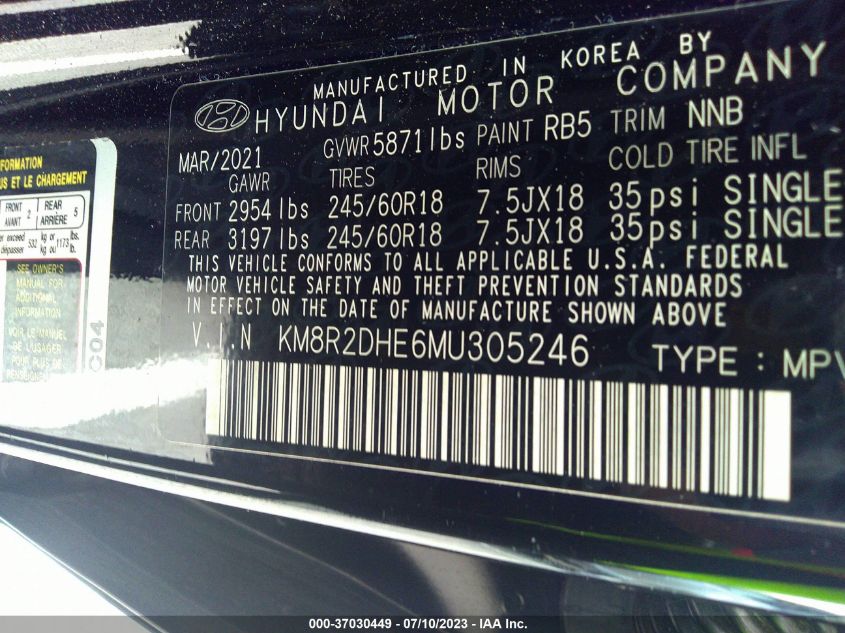 2021 HYUNDAI PALISADE SEL - KM8R2DHE6MU305246