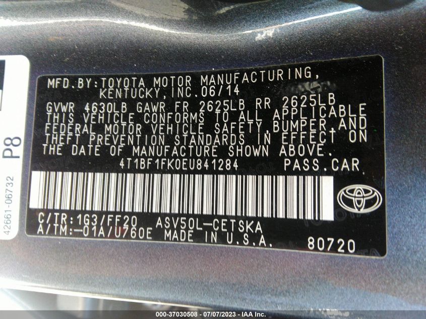 2014 TOYOTA CAMRY L/LE/XLE/SE/SE SPORT - 4T1BF1FK0EU841284