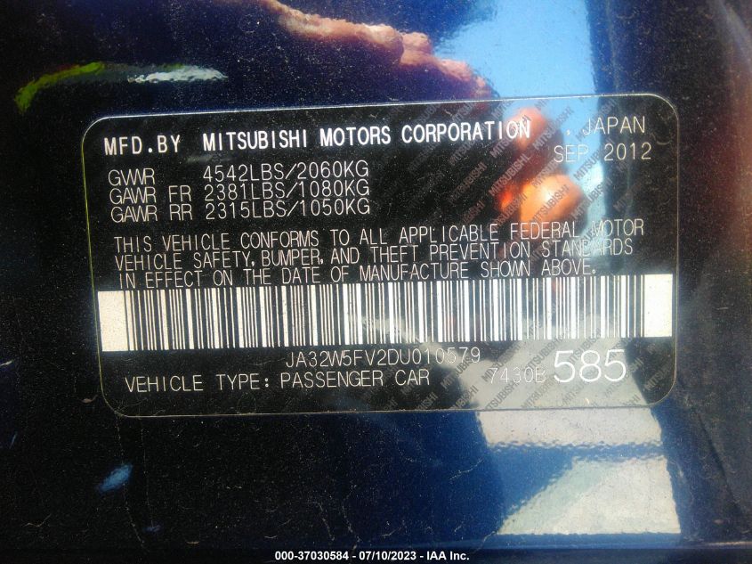 2013 MITSUBISHI LANCER EVOLUTION MR JA32W5FV2DU010579