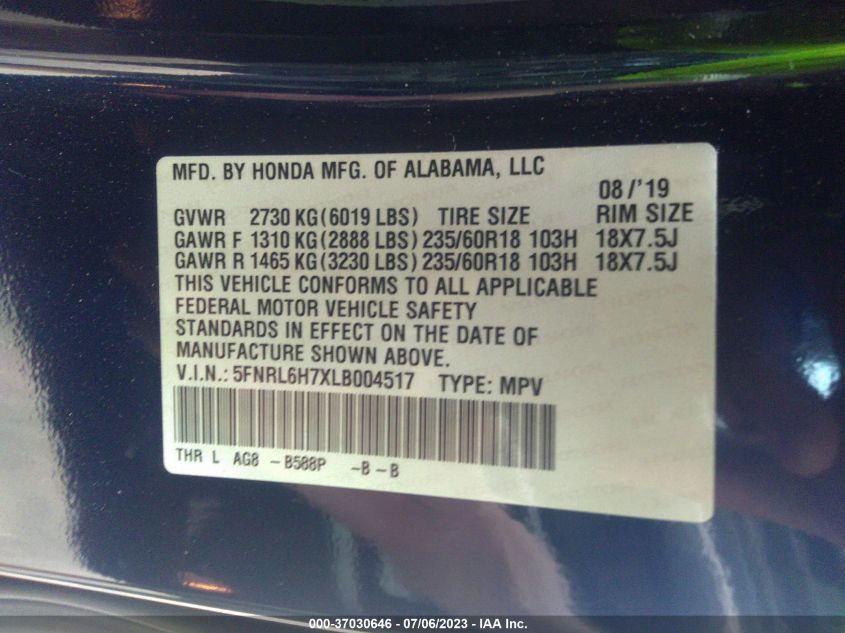 2020 HONDA ODYSSEY EX-L - 5FNRL6H7XLB004517