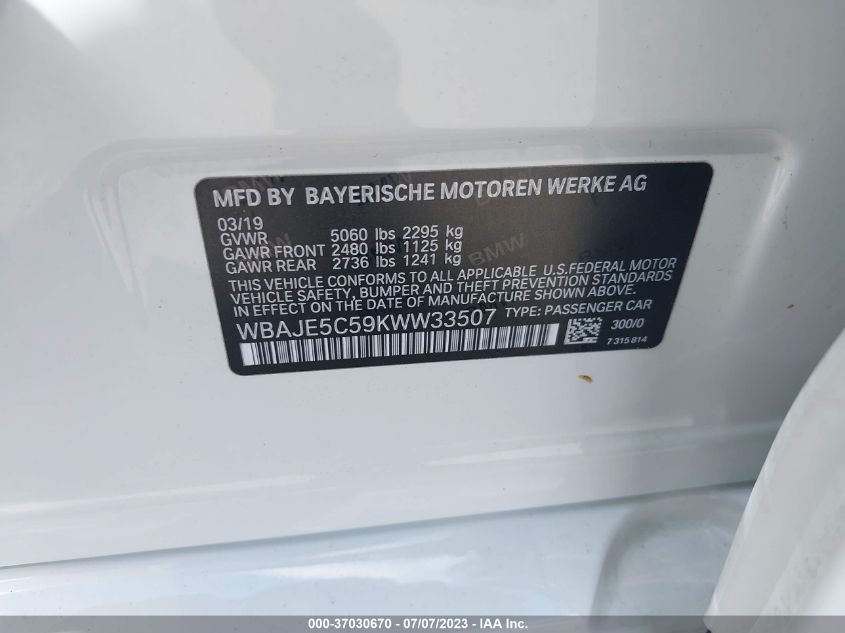2019 BMW 5 SERIES 540I - WBAJE5C59KWW33507