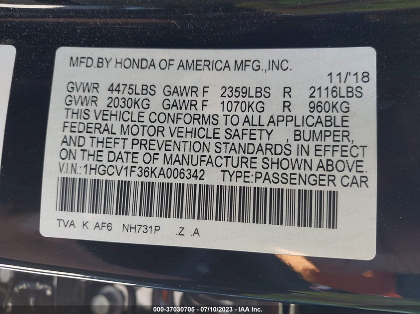 VIN 1HGCV1F36KA006342 2019 HONDA ACCORD SEDAN SPORT 1.5T