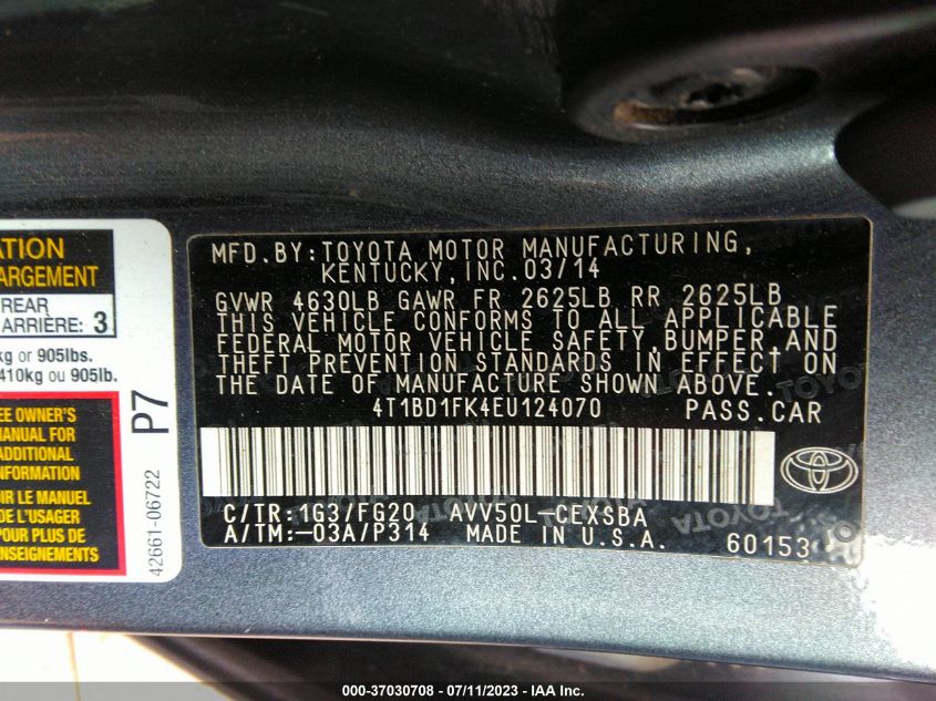 2014 TOYOTA CAMRY HYBRID LE/XLE/SE LIMITED EDITION - 4T1BD1FK4EU124070