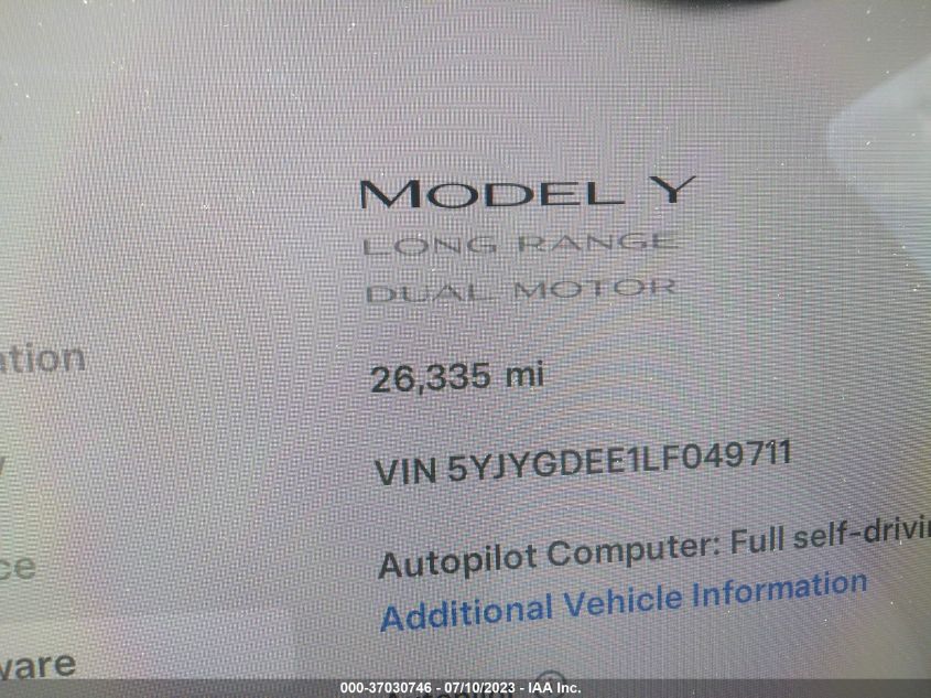 2020 TESLA MODEL Y LONG RANGE - 5YJYGDEE1LF049711