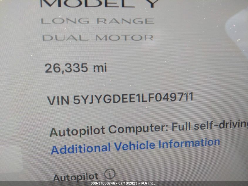 2020 TESLA MODEL Y LONG RANGE - 5YJYGDEE1LF049711