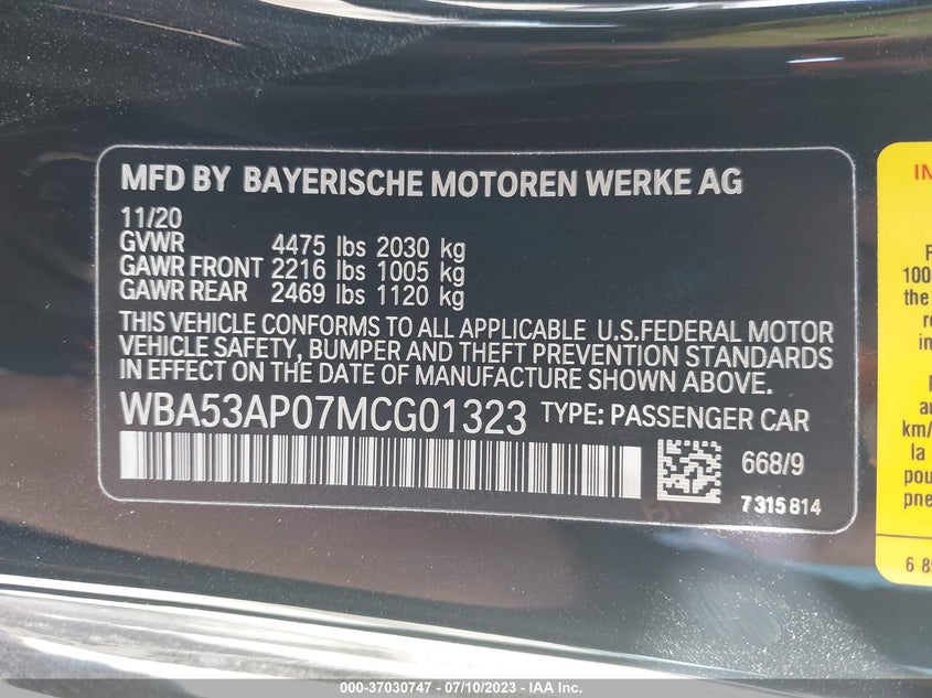 VIN WBA53AP07MCG01323 2021 BMW 4 SERIES 430I