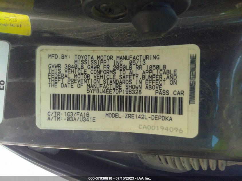 2013 TOYOTA COROLLA L/LE/S - 5YFBU4EE7DP196328