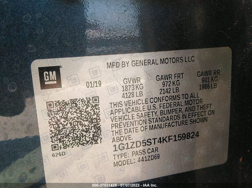 2019 CHEVROLET MALIBU LT - 1G1ZD5ST4KF159824