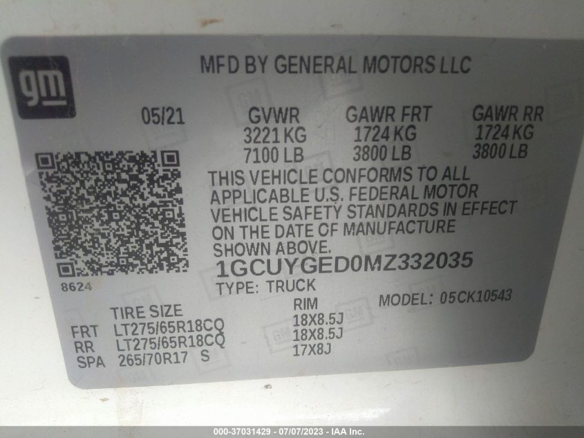 2021 CHEVROLET SILVERADO 1500 LTZ - 1GCUYGED0MZ332035