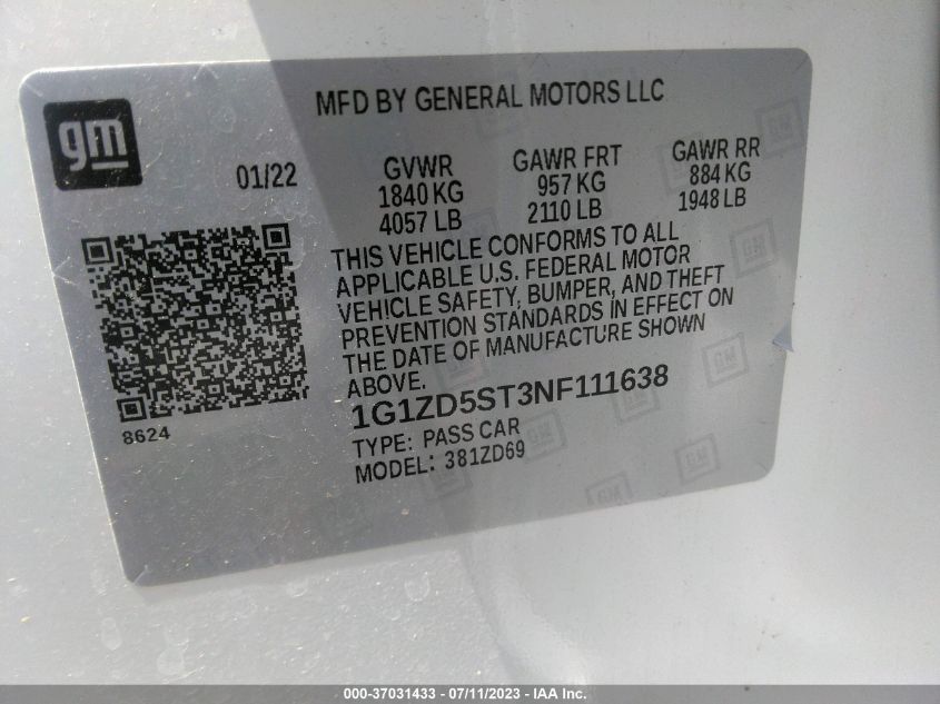 2022 CHEVROLET MALIBU LT - 1G1ZD5ST3NF111638
