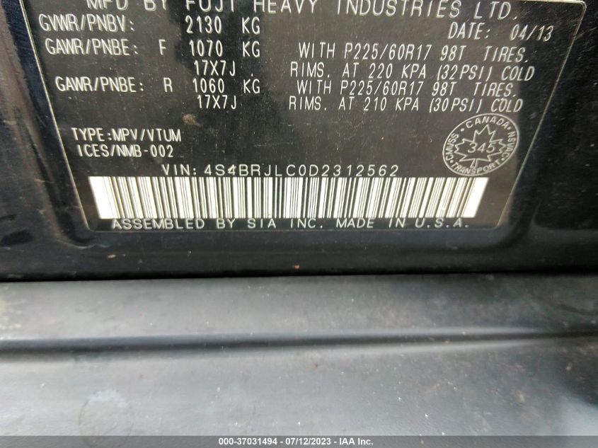 2013 SUBARU OUTBACK 3.6R LIMITED - 4S4BRJLC0D2312562
