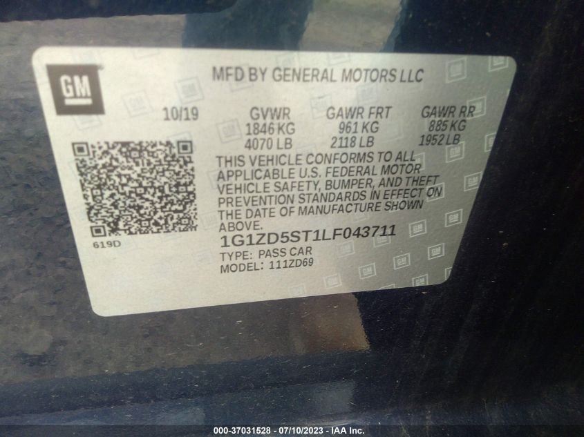 2020 CHEVROLET MALIBU LT - 1G1ZD5ST1LF043711