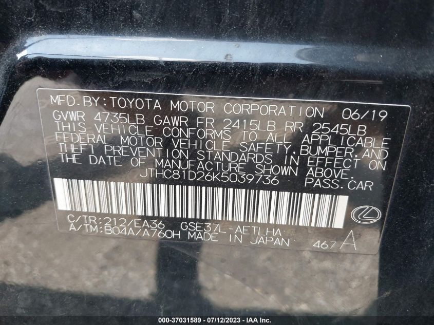 2019 LEXUS IS IS 300 - JTHC81D26K5039736