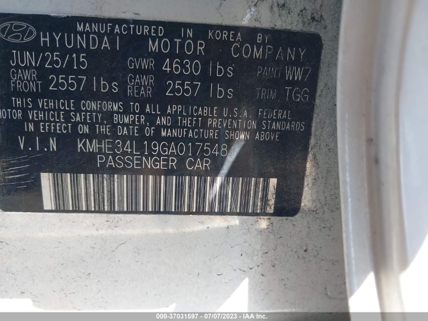 2016 HYUNDAI SONATA HYBRID LIMITED - KMHE34L19GA017548