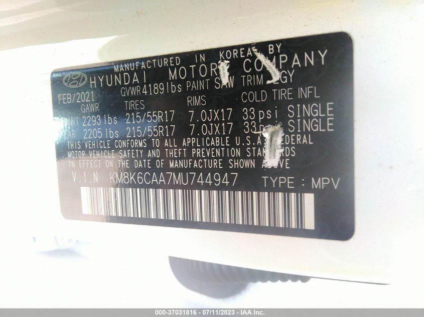 2021 HYUNDAI KONA SEL PLUS - KM8K6CAA7MU744947