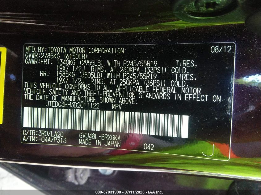 2013 TOYOTA HIGHLANDER HYBRID LIMITED - JTEDC3EH3D2011122