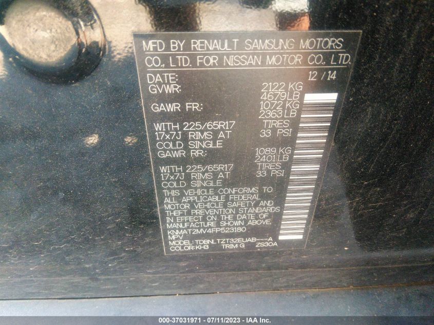 2015 NISSAN ROGUE SV - KNMAT2MV4FP523180