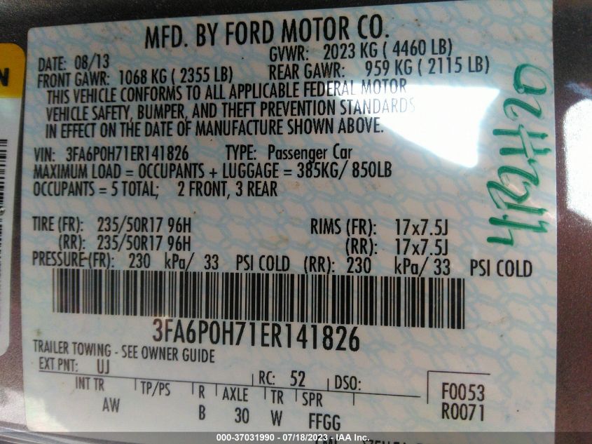 2014 FORD FUSION SE - 3FA6P0H71ER141826