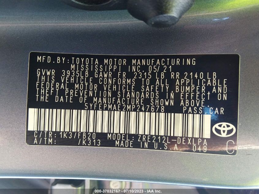 2021 TOYOTA COROLLA LE - 5YFEPMAE2MP247678