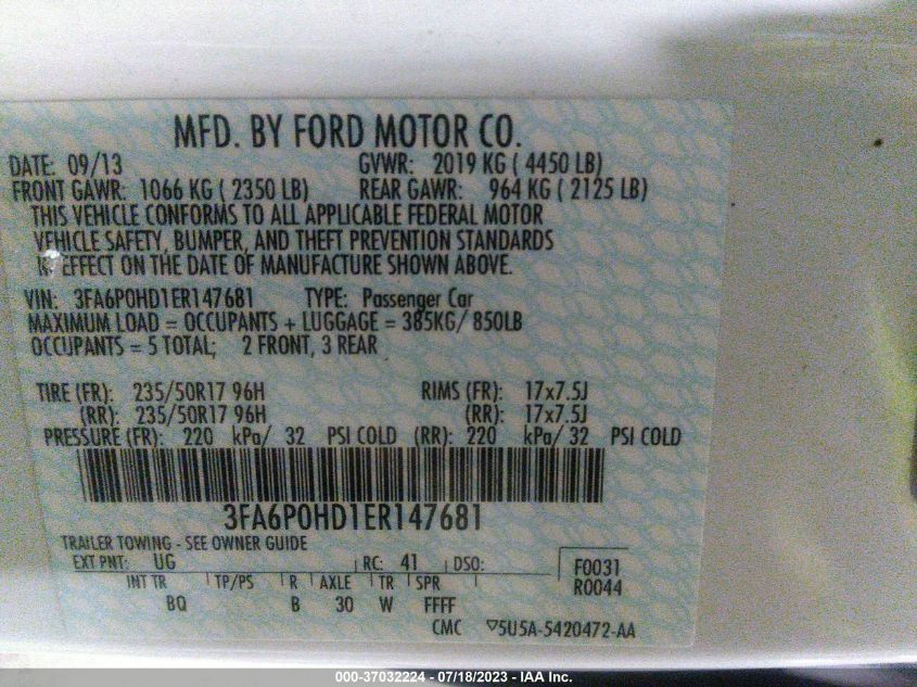 2014 FORD FUSION SE - 3FA6P0HD1ER147681