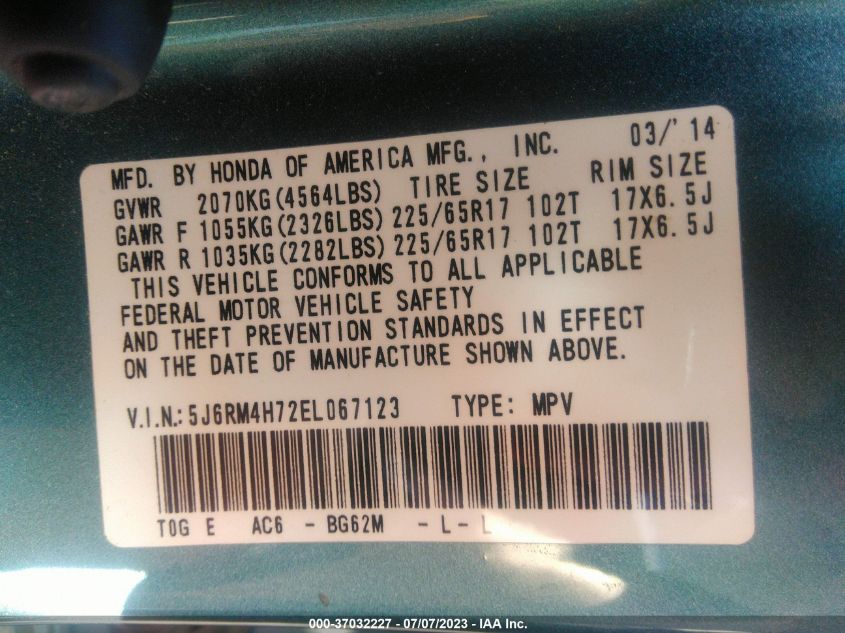 2014 HONDA CR-V EX-L - 5J6RM4H72EL067123