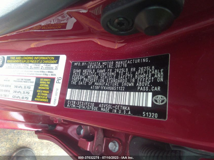 2017 TOYOTA CAMRY XLE/SE/LE/XSE - 4T1BF1FK4HU651122