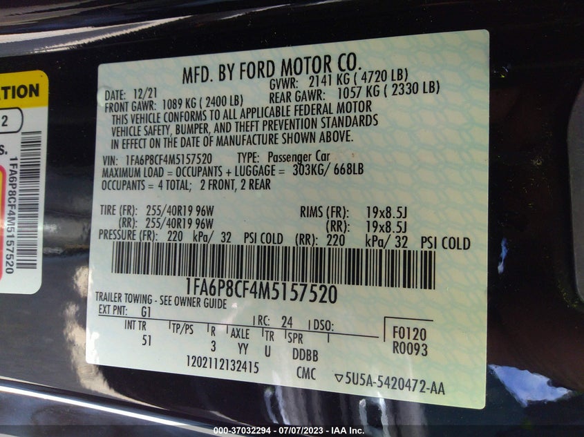VIN 1FA6P8CF4M5157520 2021 FORD MUSTANG GT