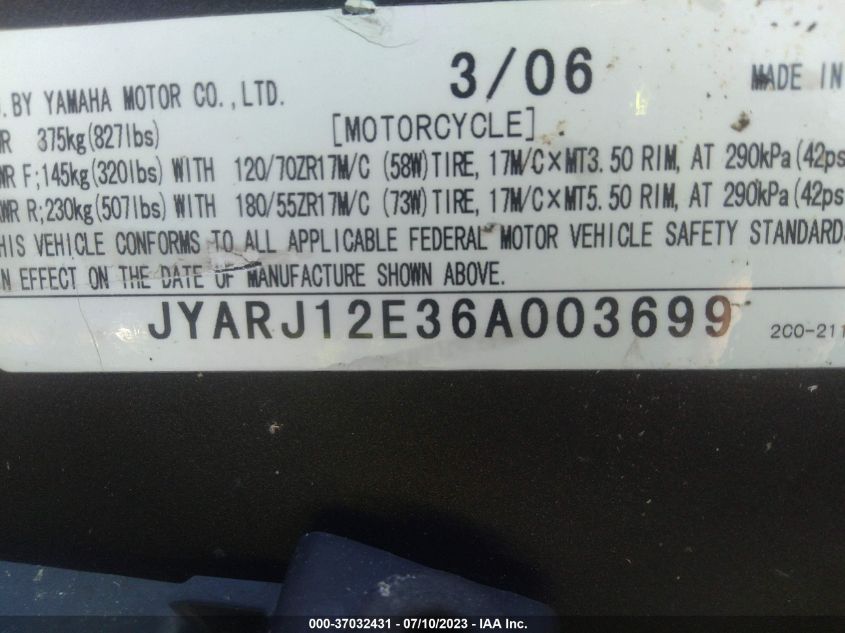 2006 YAMAHA YZFR6 L JYARJ12E36A003699