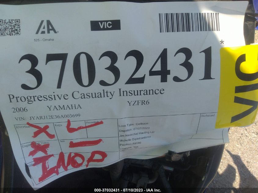 2006 YAMAHA YZFR6 L JYARJ12E36A003699