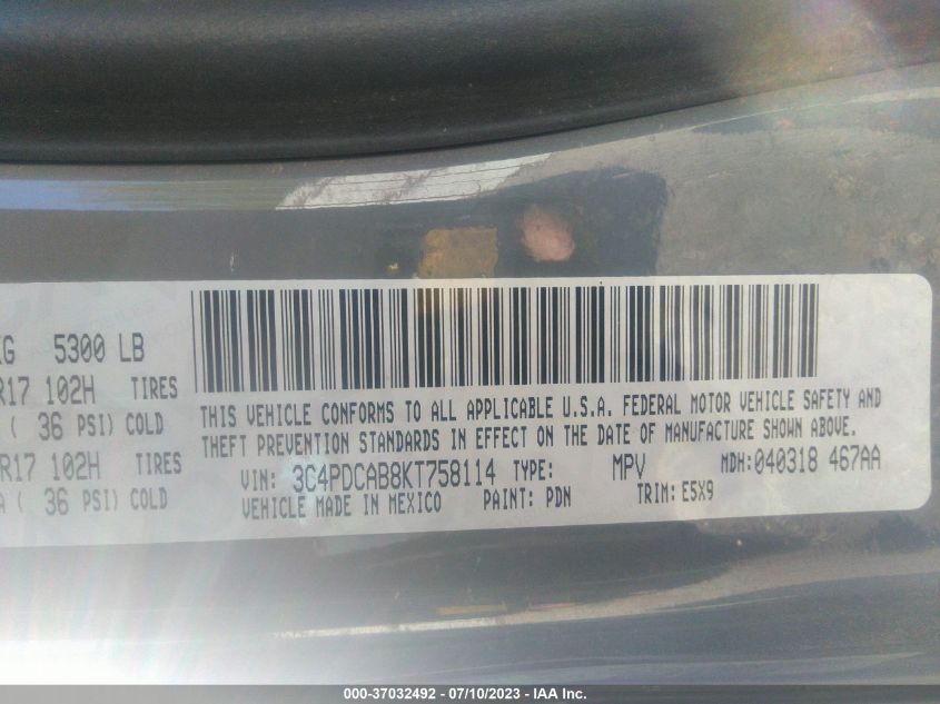 2019 DODGE JOURNEY SE VALUE PKG - 3C4PDCAB8KT758114